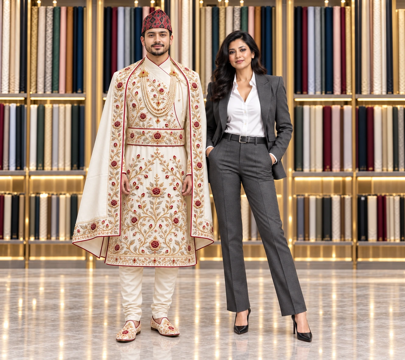 Gents ceremonial tailoring and ladies professional tailoring together in the Brandon fabric showroom